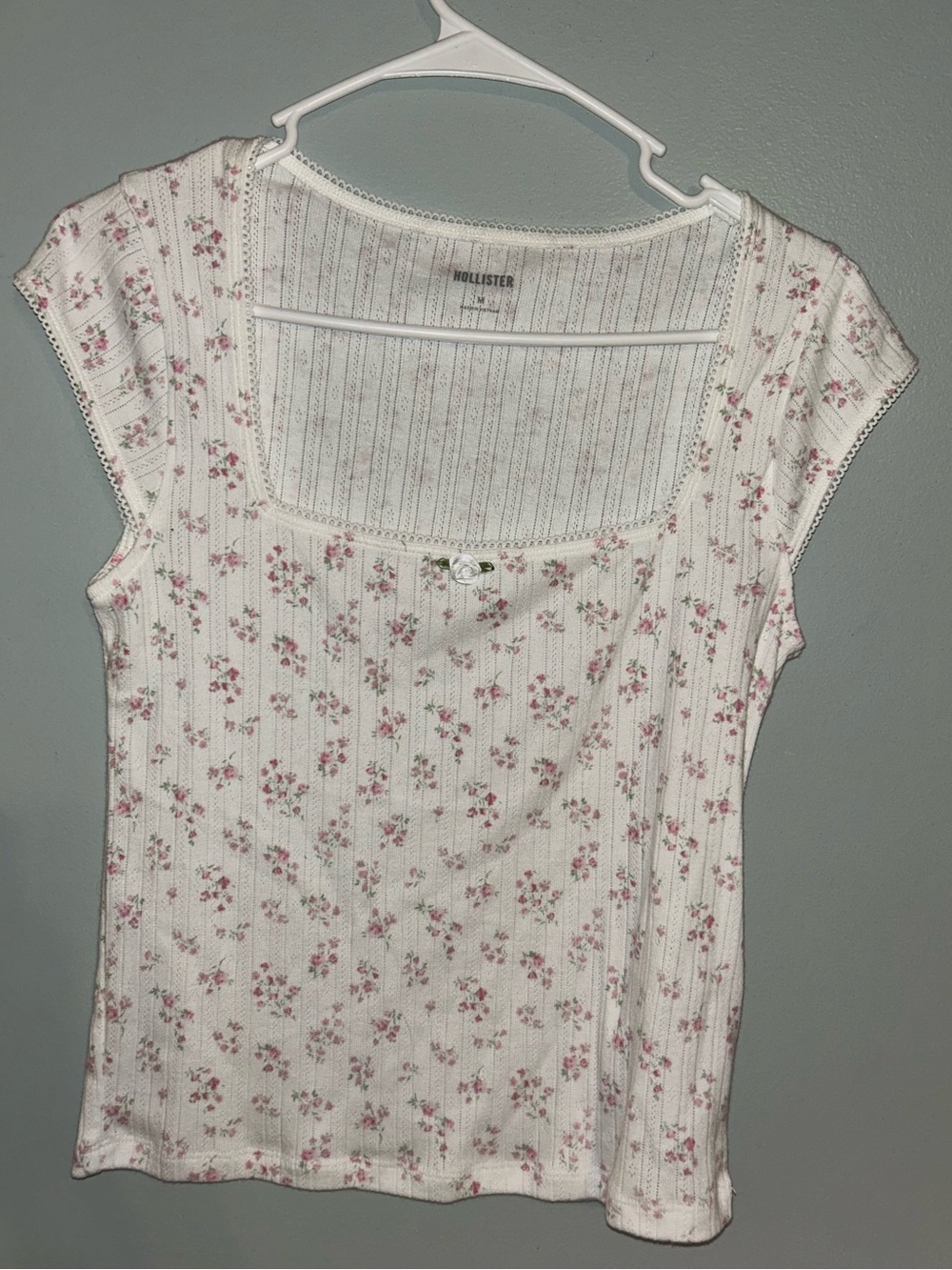 Hollister White Ribbed Floral Square-Neck Crop Top